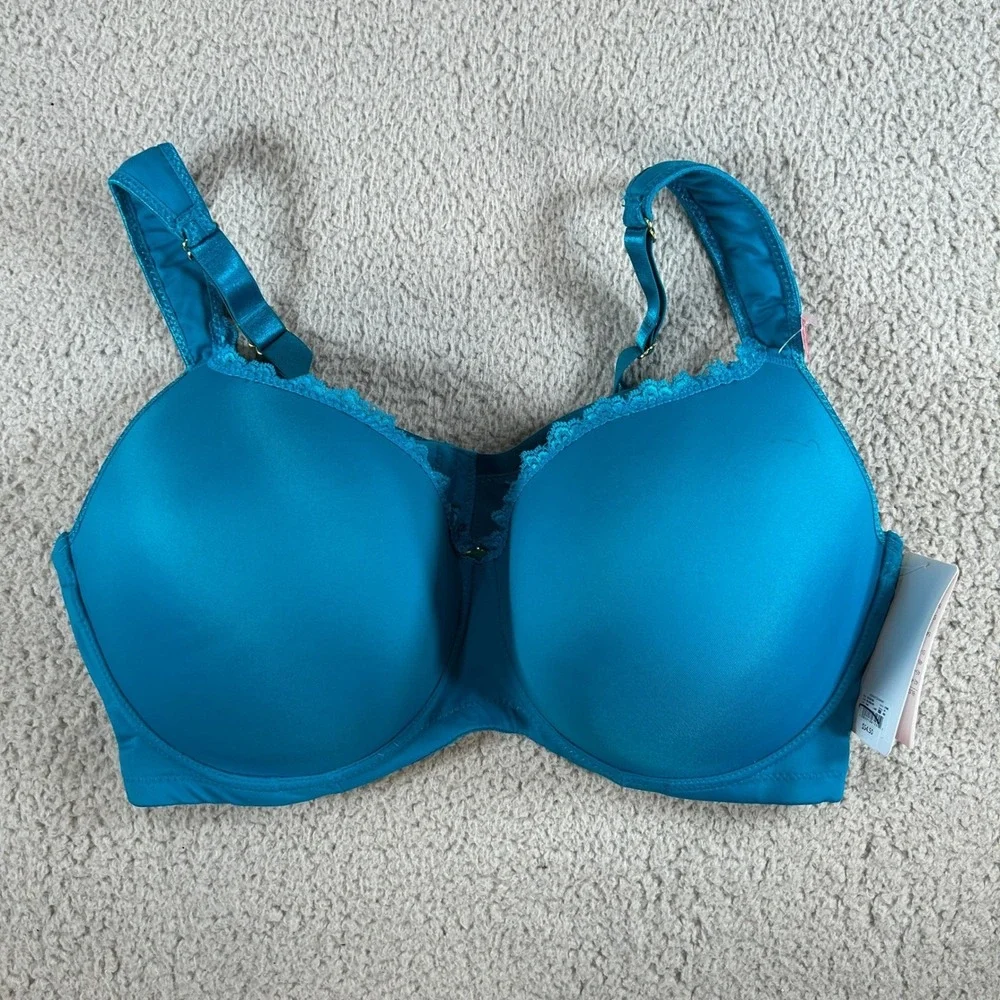 Ashley Stewart Butterfly Full Coverage Bra 40DDD Teal Blue Wide Gel Straps NEW
